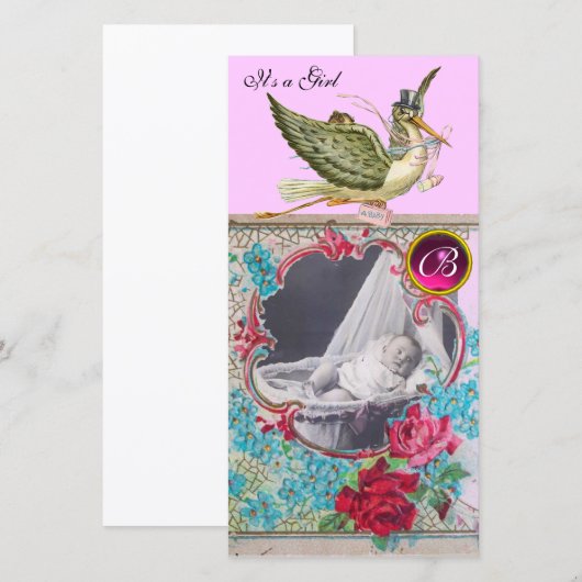 STORK BABY SHOWER MONOGRAM, ruby Aankondiging (Voorkant / Achterkant)