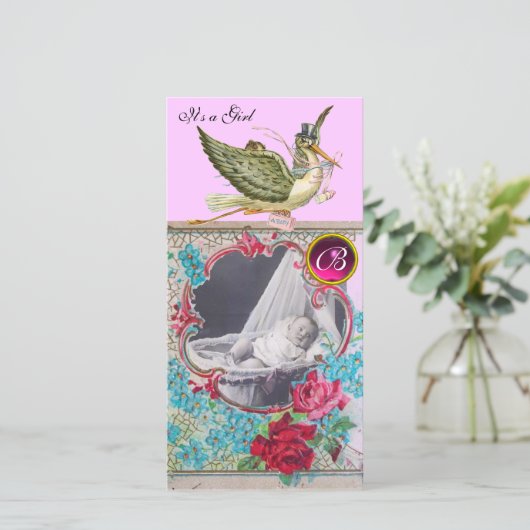 STORK BABY SHOWER MONOGRAM, ruby Aankondiging (Staand voorkant)