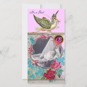 STORK BABY SHOWER MONOGRAM, ruby Aankondiging