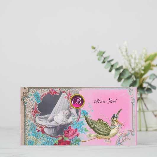 STORK BABY SHOWER MONOGRAM, ruby Aankondiging (Staand voorkant)