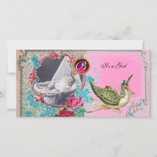 STORK BABY SHOWER MONOGRAM, ruby Aankondiging