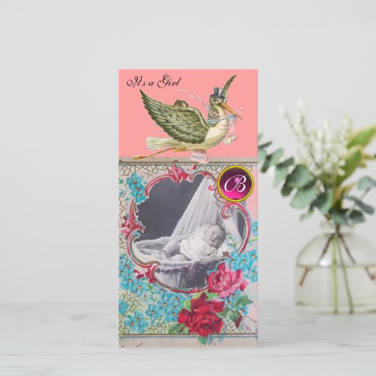 STORK BABY SHOWER MONOGRAM, ruby Aankondiging (Staand voorkant)