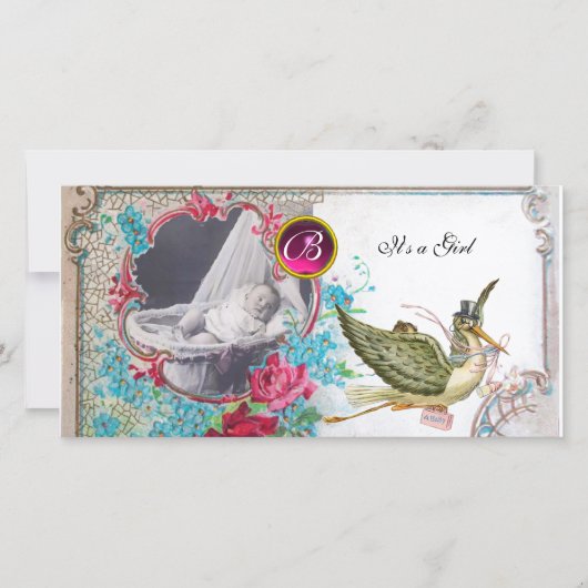 STORK BABY SHOWER MONOGRAM, ruby, wit Aankondiging (Voorkant)