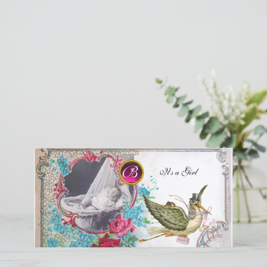 STORK BABY SHOWER MONOGRAM, ruby, wit Aankondiging (Staand voorkant)