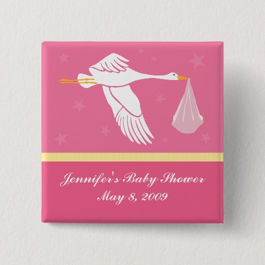 Stork Baby shower Pin - Roze Vierkante Button 5,1 Cm (Voorkant)