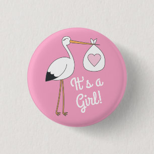 Stork Baby shower Pink Girl Cute Cartoon Ronde Button 3,2 Cm