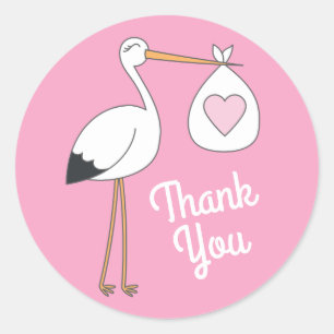 Stork Baby shower Pink Girl Cute Cartoon Ronde Sticker