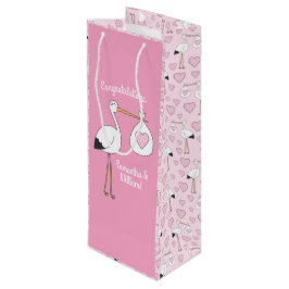 Stork Baby shower Pink Girl Cute Cartoon Wijn Cadeautas