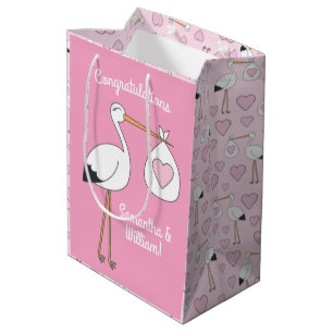 Stork Baby shower Pink Girl Medium Cadeauzakje