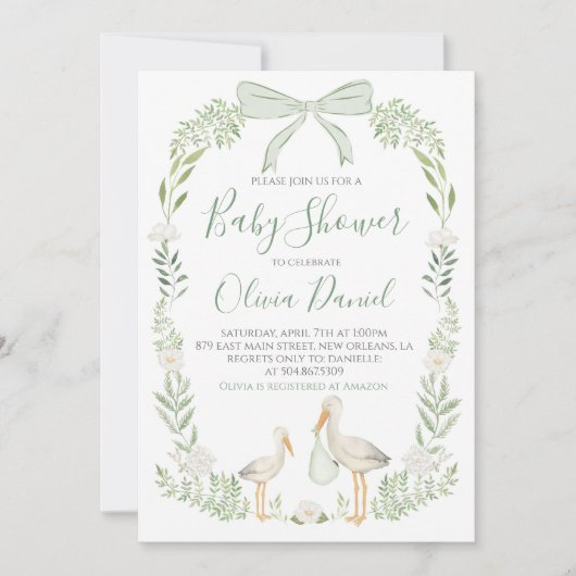Stork Baby shower Preppy Coquette Sage Green Kaart (Voorkant)