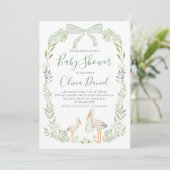 Stork Baby shower Preppy Coquette Sage Green Kaart (Staand voorkant)