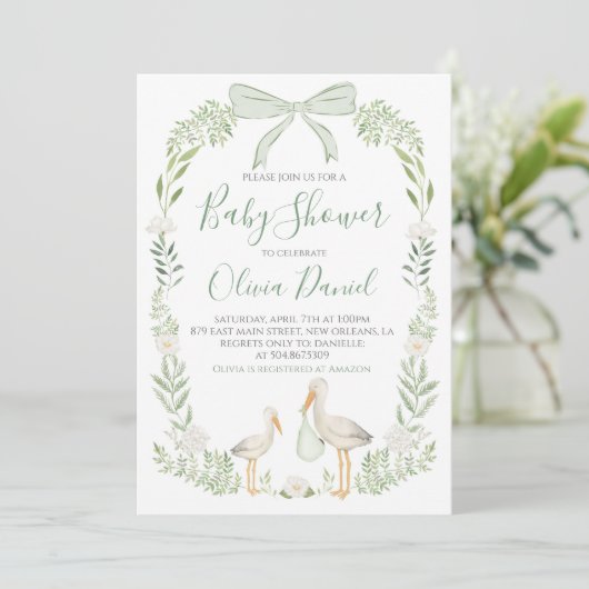 Stork Baby shower Preppy Coquette Sage Green Kaart (Staand voorkant)