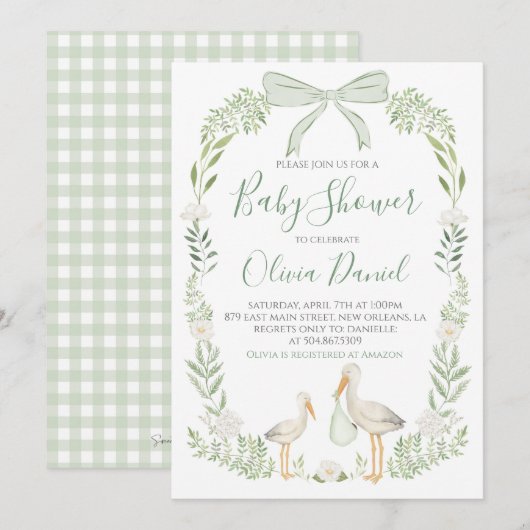 Stork Baby shower Preppy Coquette Sage Green Kaart (Voorkant / Achterkant)