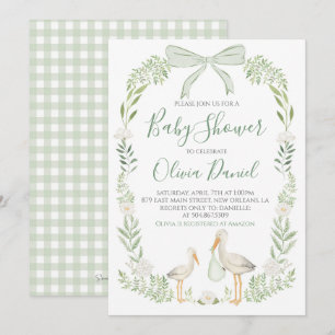 Stork Baby shower Preppy Coquette Sage Green Kaart