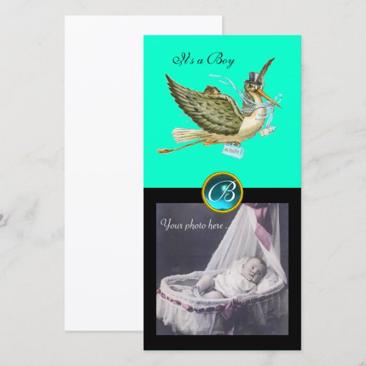 STORK BABY SHOWER SQUARE MONOGRAM, aquamarine Aankondiging (Voorkant / Achterkant)