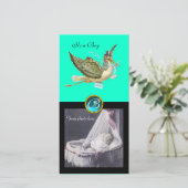 STORK BABY SHOWER SQUARE MONOGRAM, aquamarine Aankondiging (Staand voorkant)