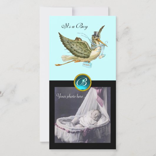 STORK BABY SHOWER SQUARE MONOGRAM, aquamarine Aankondiging (Voorkant)
