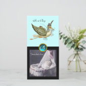 STORK BABY SHOWER SQUARE MONOGRAM, aquamarine Aankondiging (Staand voorkant)