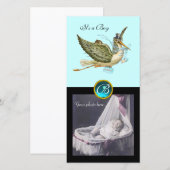 STORK BABY SHOWER SQUARE MONOGRAM, aquamarine Aankondiging (Voorkant / Achterkant)
