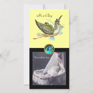 STORK BABY SHOWER SQUARE MONOGRAM, aquamarine Aankondiging