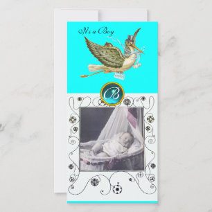 STORK BABY SHOWER SWIRLS MONOGRAM aquamarijn Aankondiging