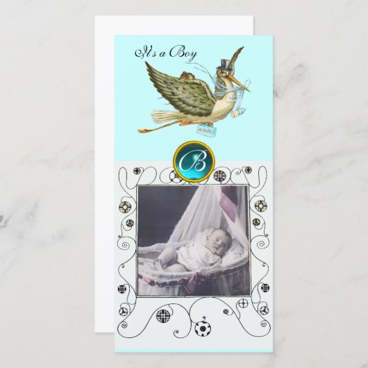 STORK BABY SHOWER SWIRLS MONOGRAM aquamarine Aankondiging (Voorkant / Achterkant)