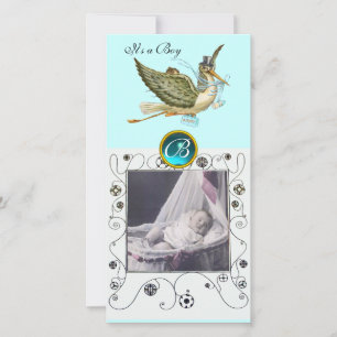 STORK BABY SHOWER SWIRLS MONOGRAM aquamarine Aankondiging