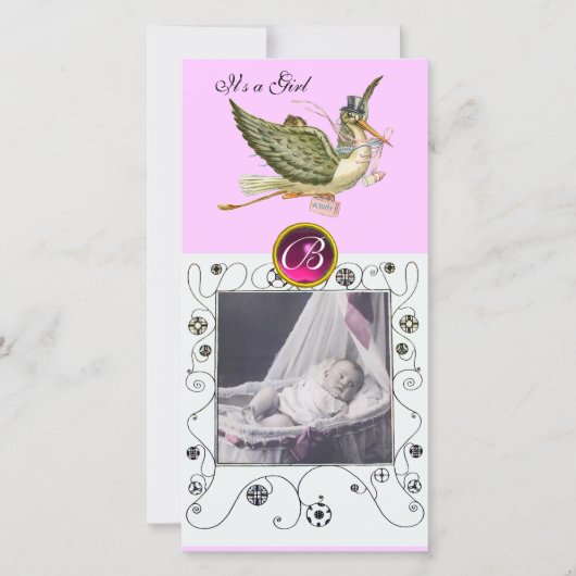 STORK BABY SHOWER SWIRLS MONOGRAM robijn wit Aankondiging (Voorkant)