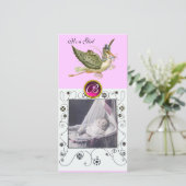 STORK BABY SHOWER SWIRLS MONOGRAM robijn wit Aankondiging (Staand voorkant)
