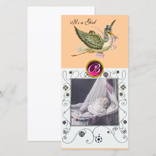 STORK BABY SHOWER SWIRLS MONOGRAM, ruby white Aankondiging (Voorkant / Achterkant)