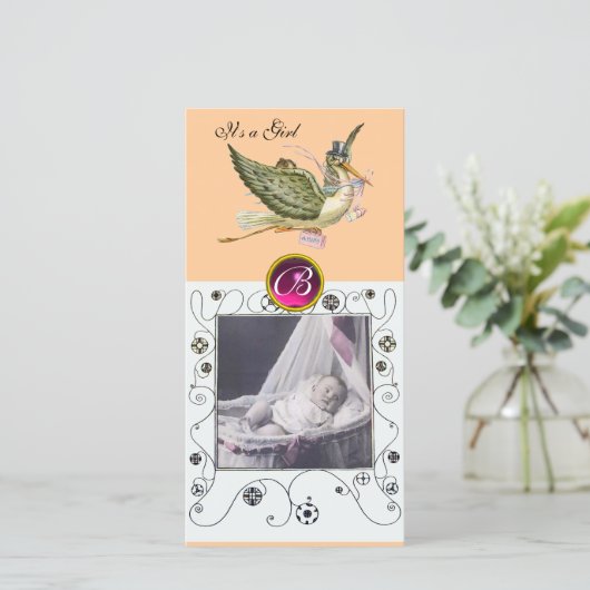 STORK BABY SHOWER SWIRLS MONOGRAM, ruby white Aankondiging (Staand voorkant)