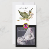 STORK BABY SHOWER VIERKANTE MONOGRAM ruby wit Aankondiging (Voorkant)