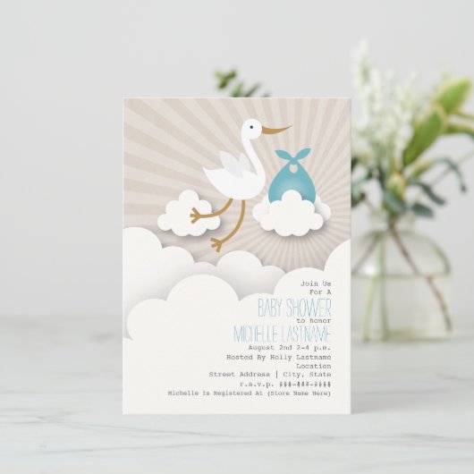 Stork + Baby shower wolken - blauw Kaart (Staand voorkant)
