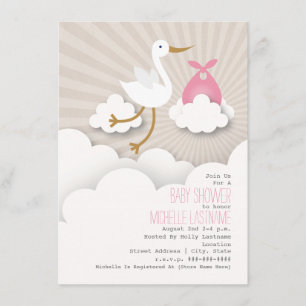 Stork + Baby shower wolken - Roze Kaart
