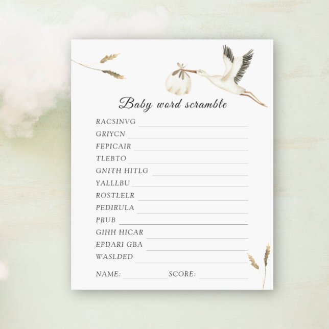 Stork baby shower Word scramble baby shower spel (Creator heeft geüpload)