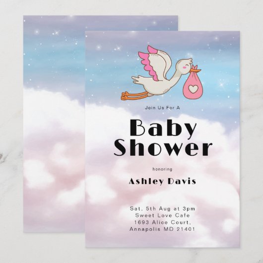Stork Bird Sky en Cloud Baby shower Kaart (Voorkant / Achterkant)