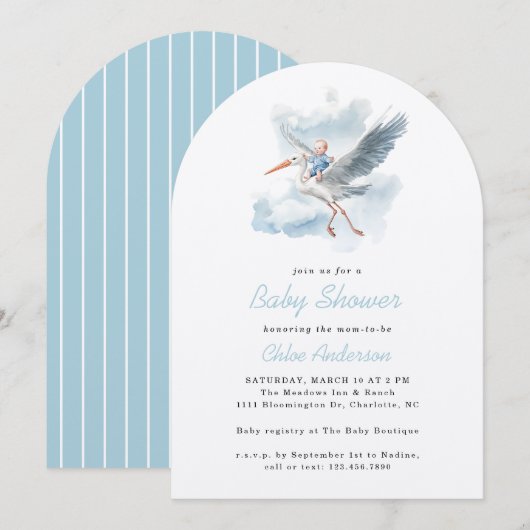 Stork Blue Baby Boy Waterverf Baby shower Arch Kaart (Voorkant / Achterkant)