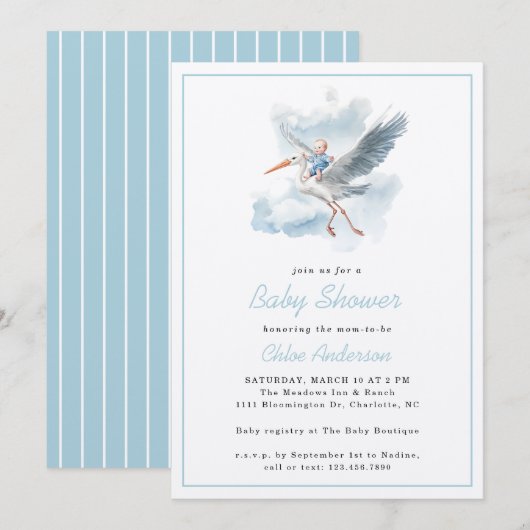 Stork Blue Baby Boy Waterverf Baby shower Kaart (Voorkant / Achterkant)