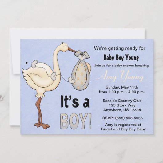 Stork Blue Boy Baby shower Invitation Kaart (Voorkant)