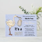 Stork Blue Boy Baby shower Invitation Kaart (Staand voorkant)