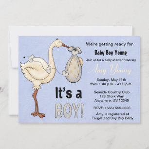 Stork Blue Boy Baby shower Invitation Kaart