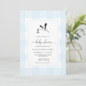 Stork Blue Gingham Baby shower Invitation Kaart (Staand voorkant)