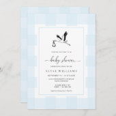 Stork Blue Gingham Baby shower Invitation Kaart (Voorkant / Achterkant)