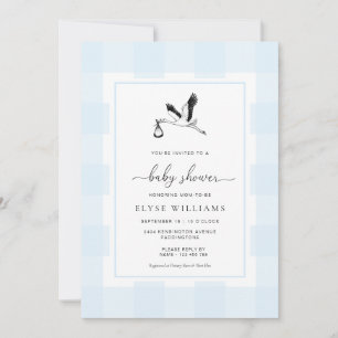 Stork Blue Gingham Baby shower Invitation Kaart