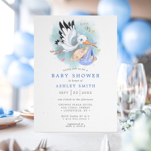 Stork Blue Waterverf Bird Modern Boy Baby shower Kaart