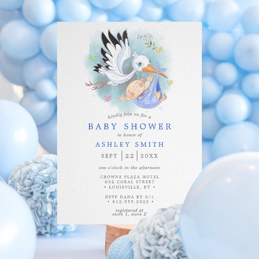 Stork Blue Waterverf Bird Modern Boy Baby shower Kaart