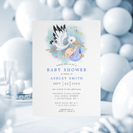 Stork Blue Waterverf Bird Modern Boy Baby shower Kaart