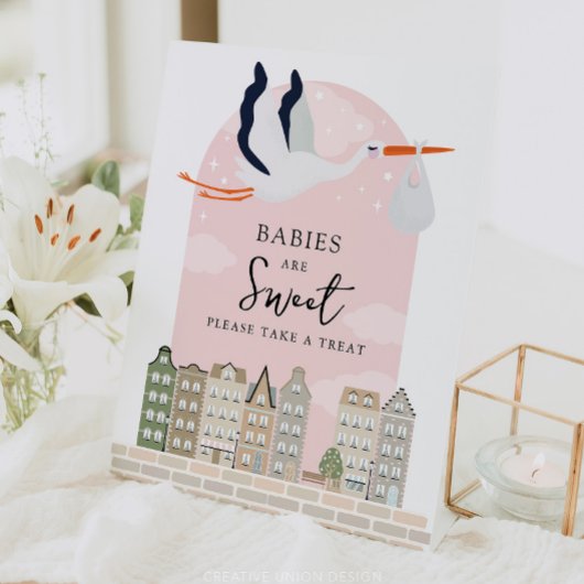 Stork Boho Baby shower Baby's Zijn Sweet Favors Reclamebord Met Voetstuk
