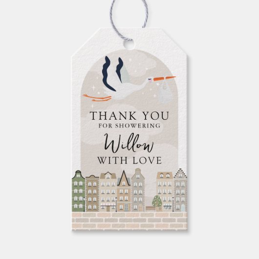Stork Boho Baby shower Sprinkle Dank u gunst Cadeaulabel (Voorkant)