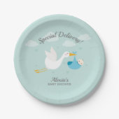 Stork Boy Baby Bundle Baby shower Papieren Bordje (Voorkant)